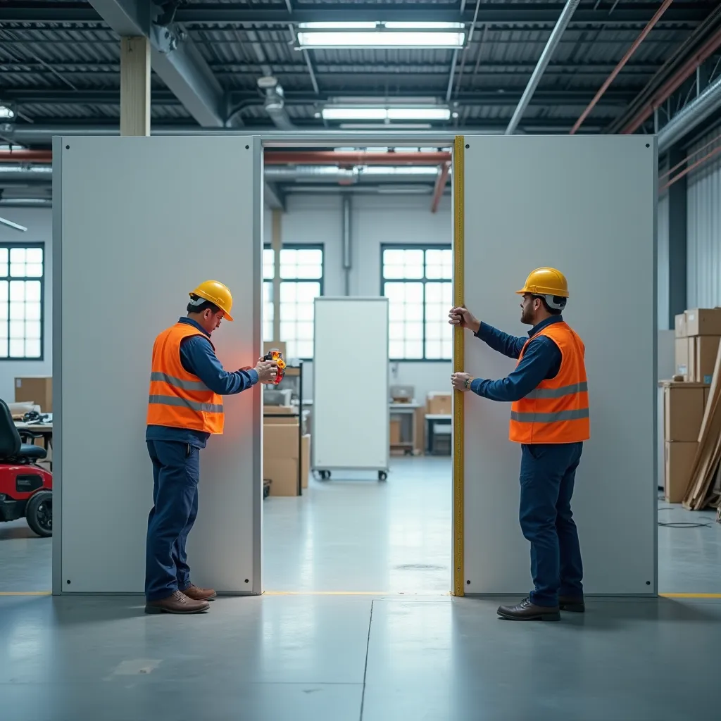 Tecnico che misura l'apertura per una parete mobile in un capannone con impianti a soffitto